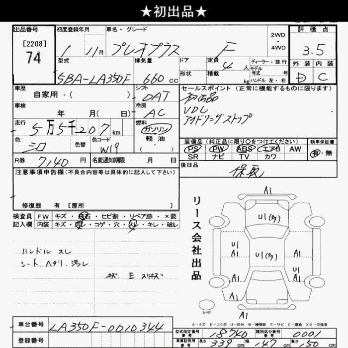 Аукционный лист SUBARU PLEO PLUS 2019