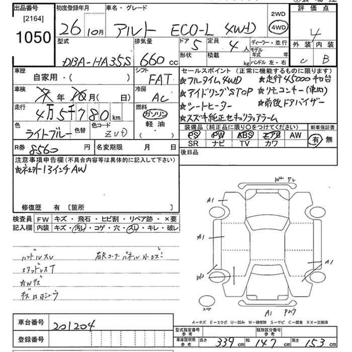 Аукционный лист SUZUKI ALTO ECO 2014