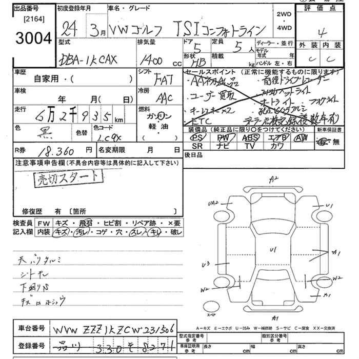 Аукционный лист VOLKSWAGEN GOLF 2012