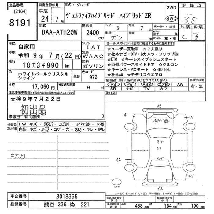 Аукционный лист TOYOTA VELLFIRE 2012
