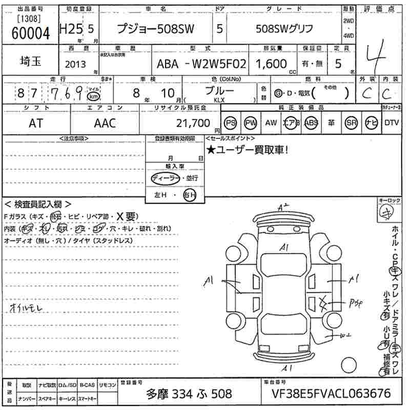 Аукционный лист PEUGEOT 508 2013