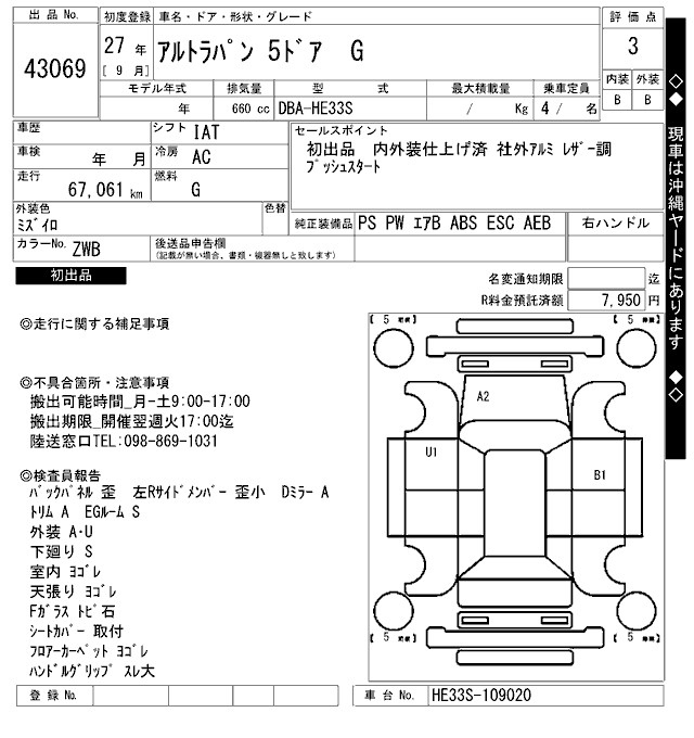 Аукционный лист SUZUKI ALTO LAPIN 2015