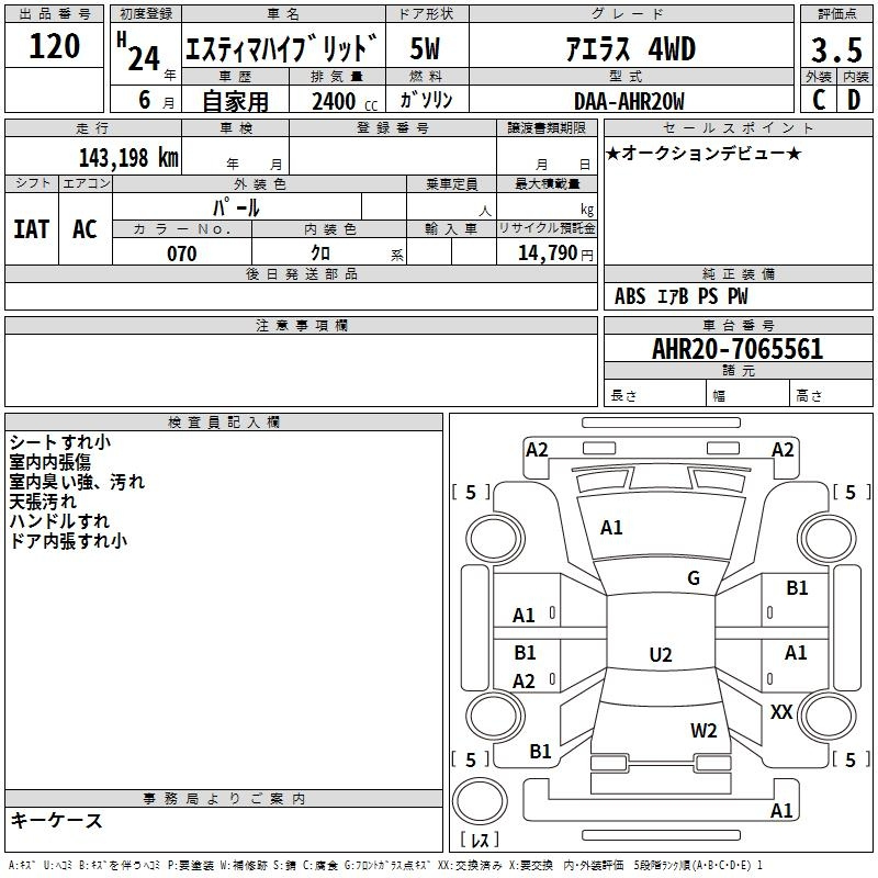 Аукционный лист TOYOTA ESTIMA HYBRID 2012