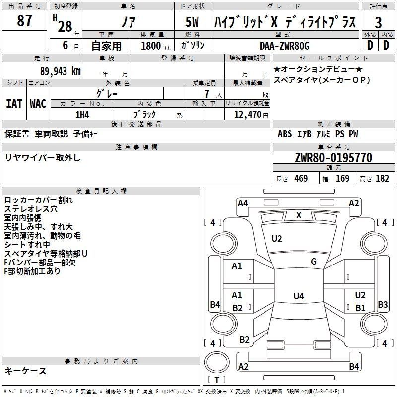 Аукционный лист TOYOTA NOAH 2016