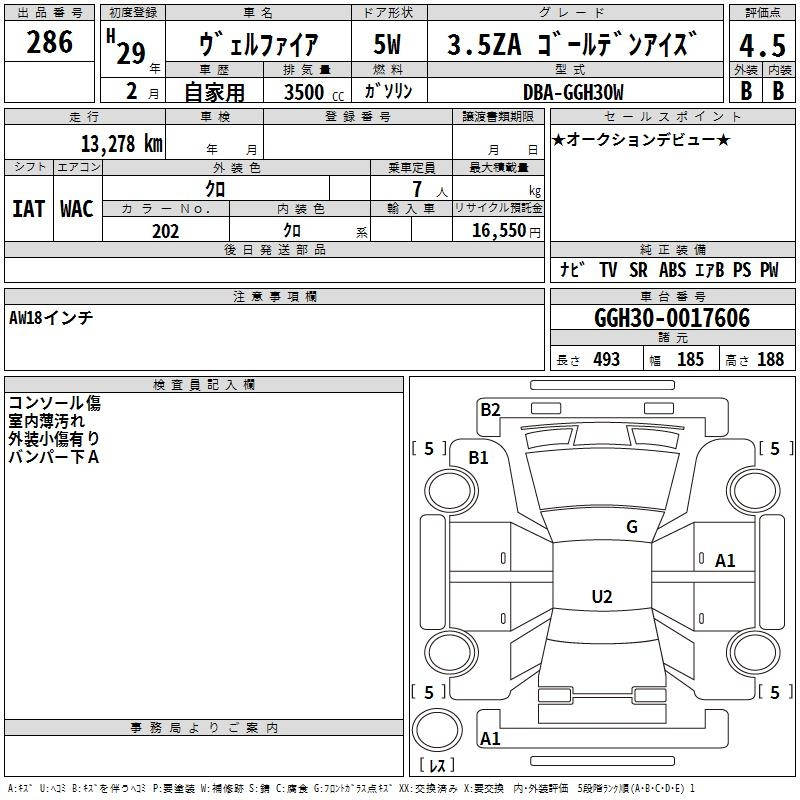 Аукционный лист TOYOTA VELLFIRE 2017