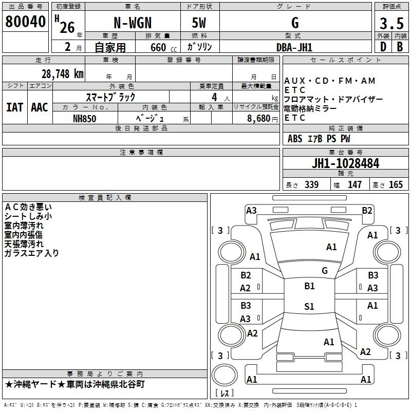 Аукционный лист HONDA N WGN 2014