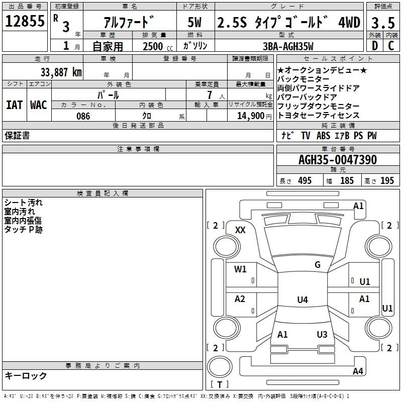 Аукционный лист TOYOTA ALPHARD 2021