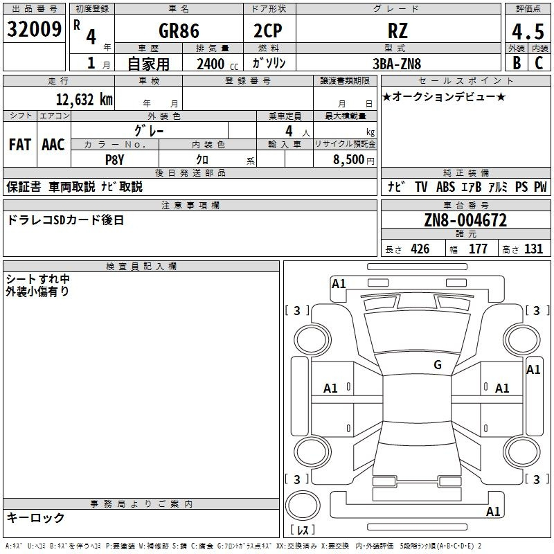 Аукционный лист TOYOTA 86 2022