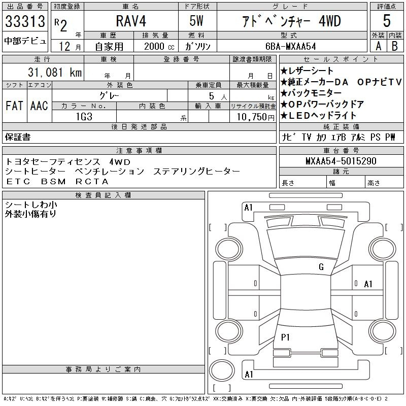 Аукционный лист TOYOTA RAV4 2020