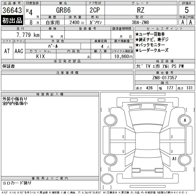 Аукционный лист TOYOTA 86 2022