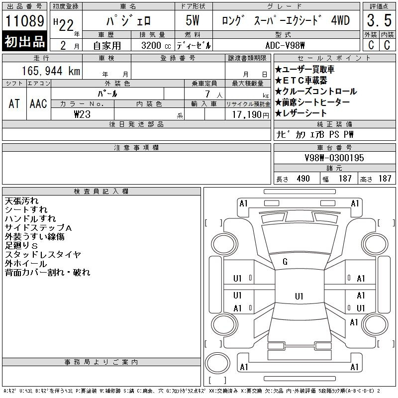 Аукционный лист MITSUBISHI PAJERO 2010