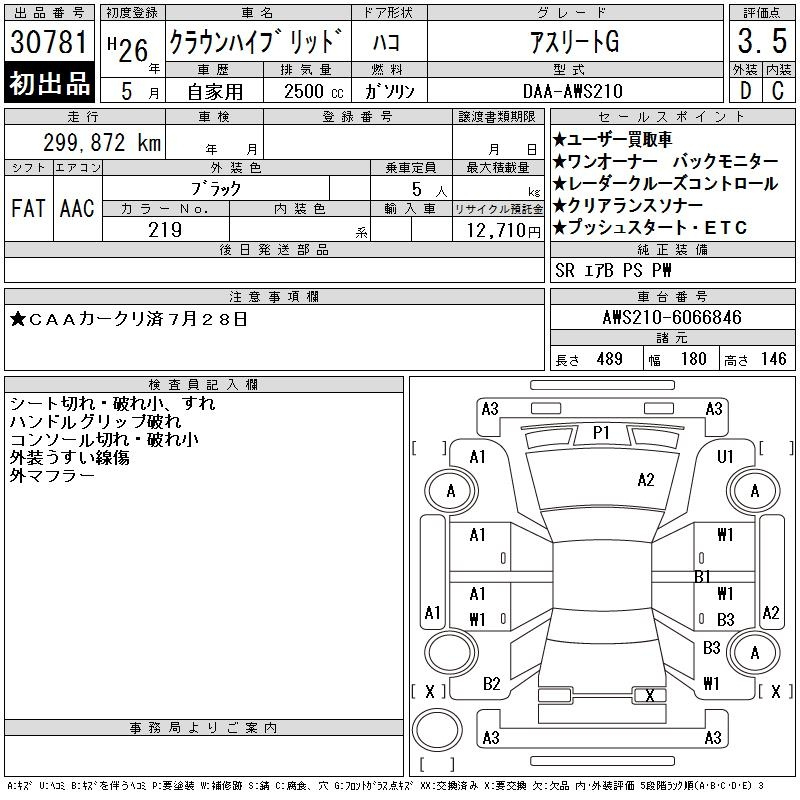 Аукционный лист TOYOTA CROWN 2014