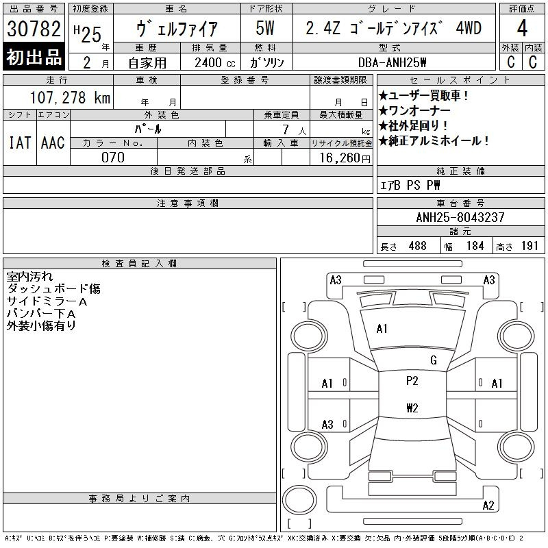 Аукционный лист TOYOTA VELLFIRE 2013