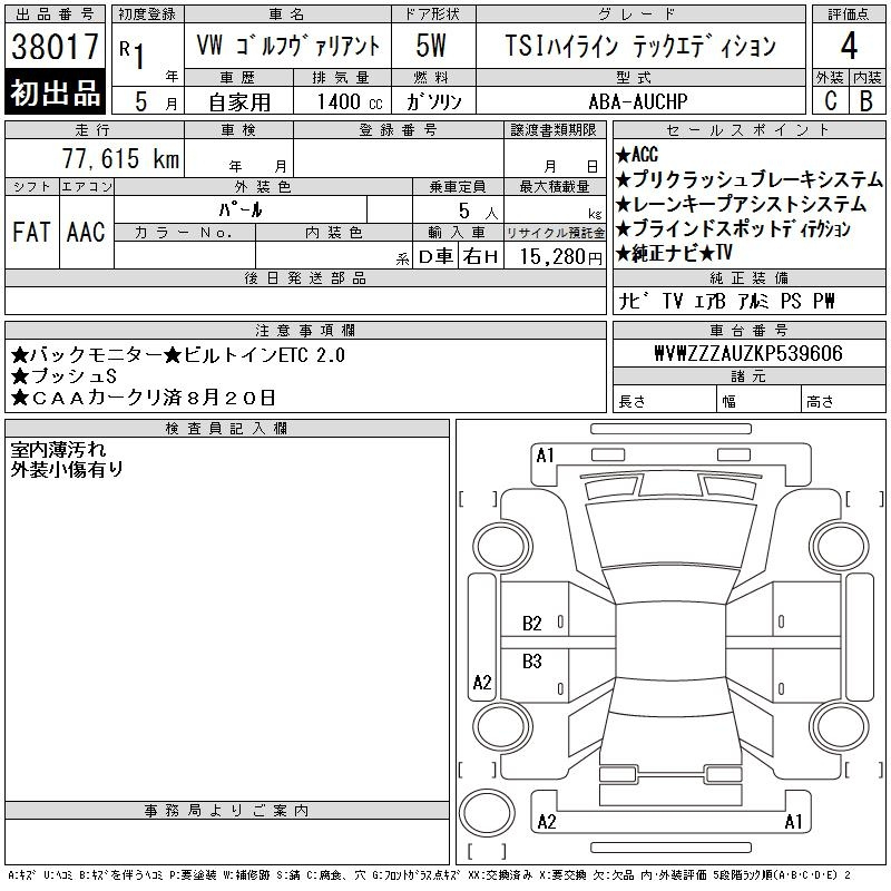 Аукционный лист VOLKSWAGEN GOLF VARIANT 2019