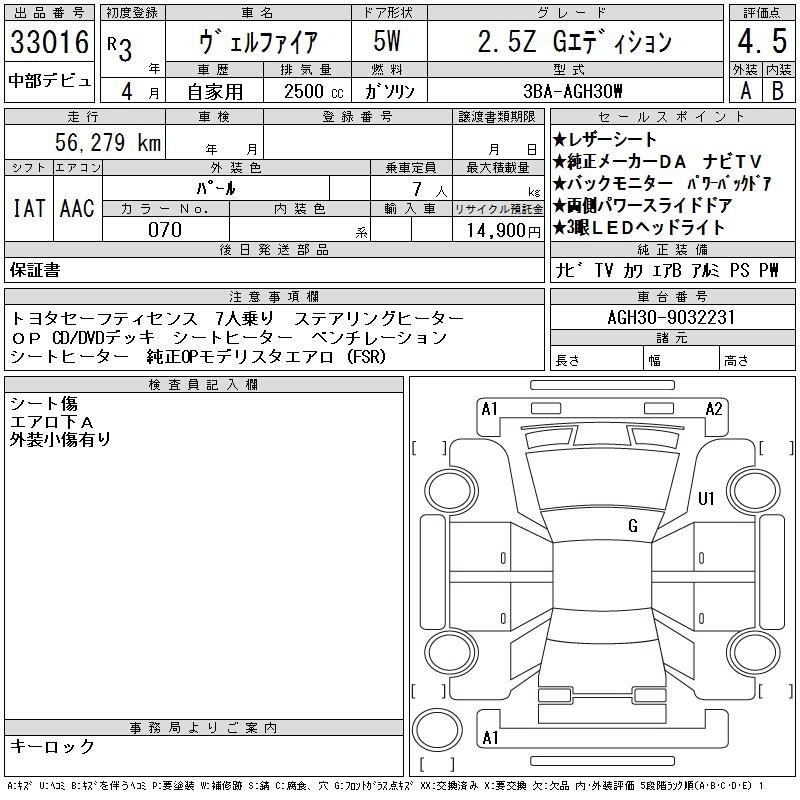 Аукционный лист TOYOTA VELLFIRE 2021