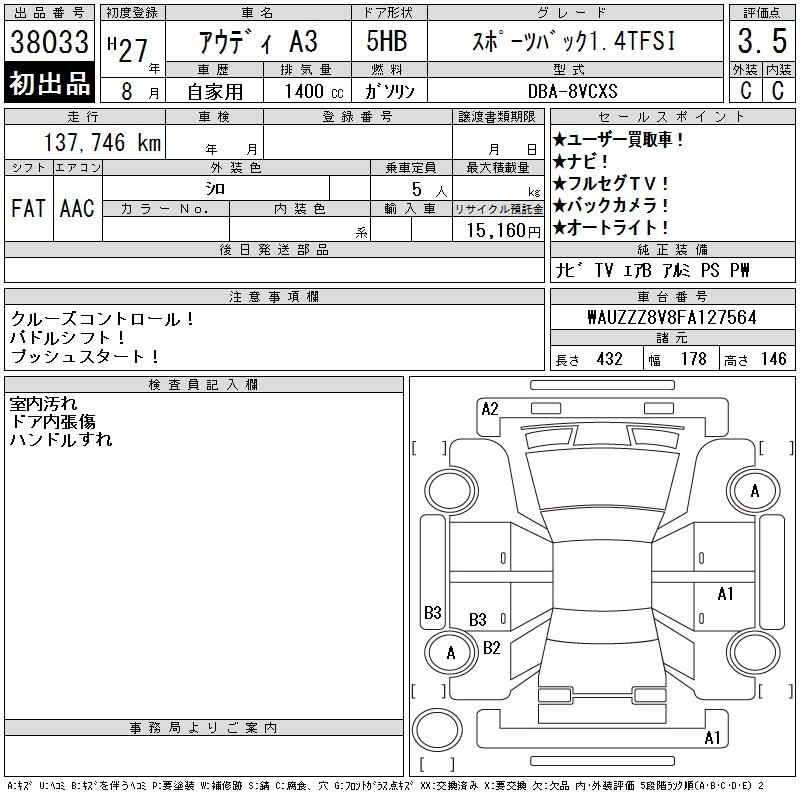 Аукционный лист AUDI A3 2015