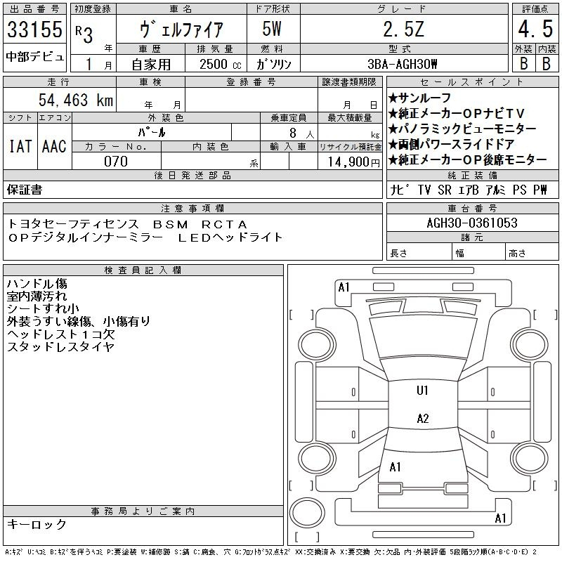 Аукционный лист TOYOTA VELLFIRE 2021