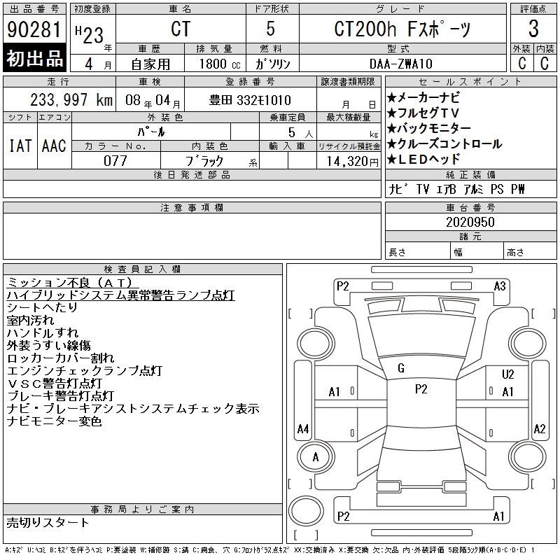 Аукционный лист LEXUS CT 2011