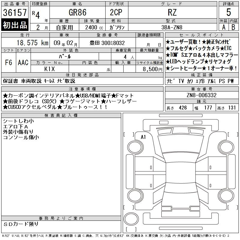Аукционный лист TOYOTA 86 2022