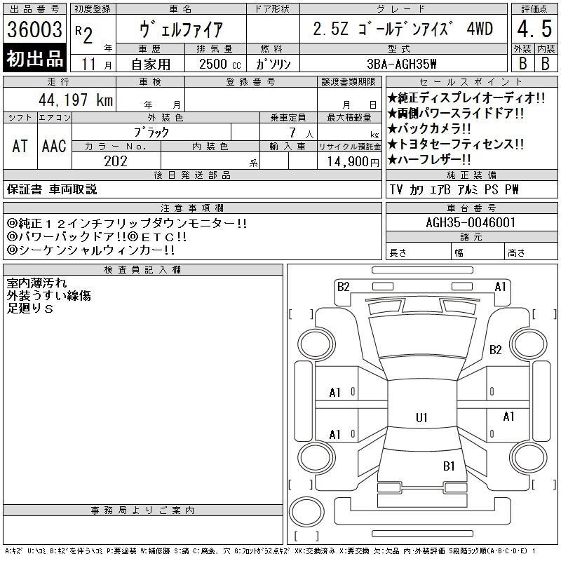 Аукционный лист TOYOTA VELLFIRE 2020