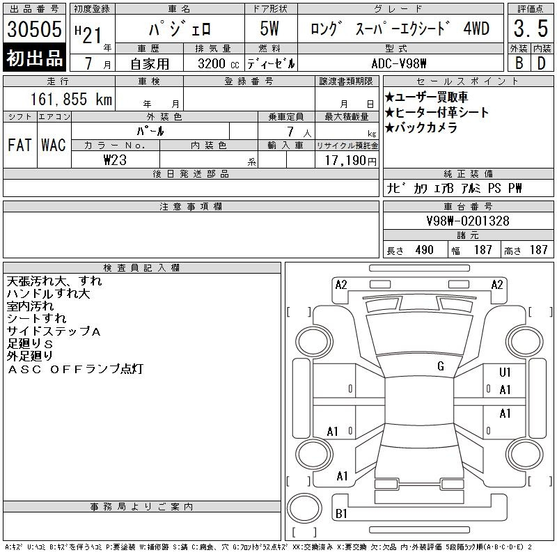 Аукционный лист MITSUBISHI PAJERO 2009