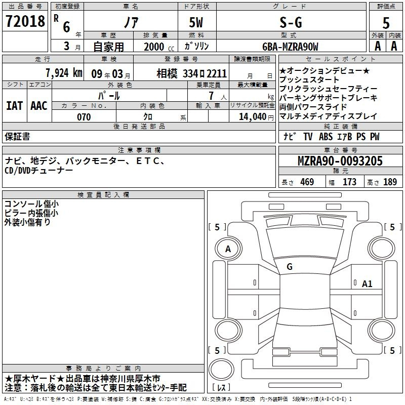 Аукционный лист TOYOTA NOAH 2024