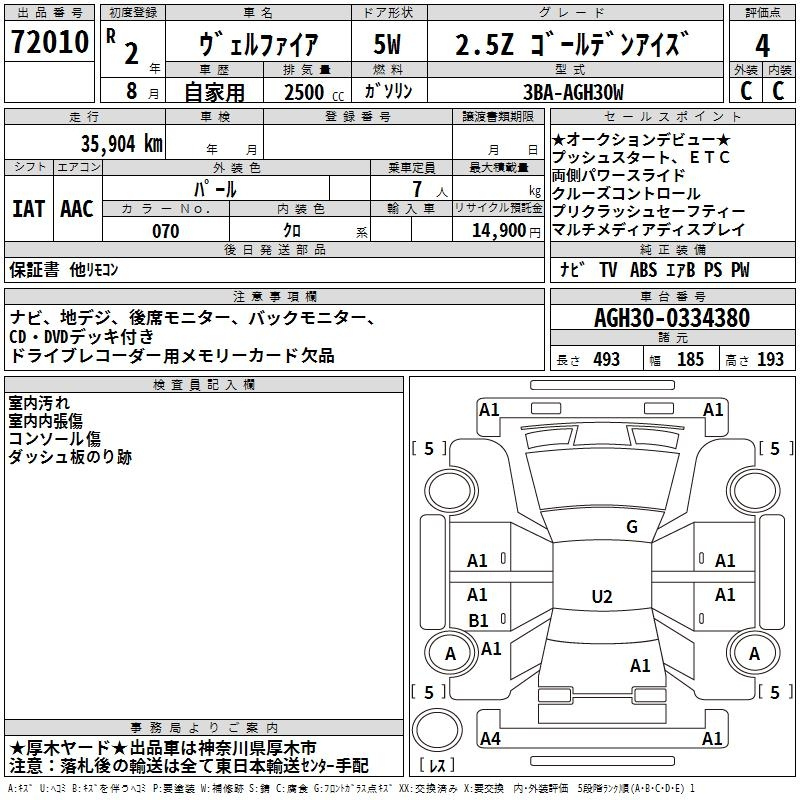 Аукционный лист TOYOTA VELLFIRE 2020
