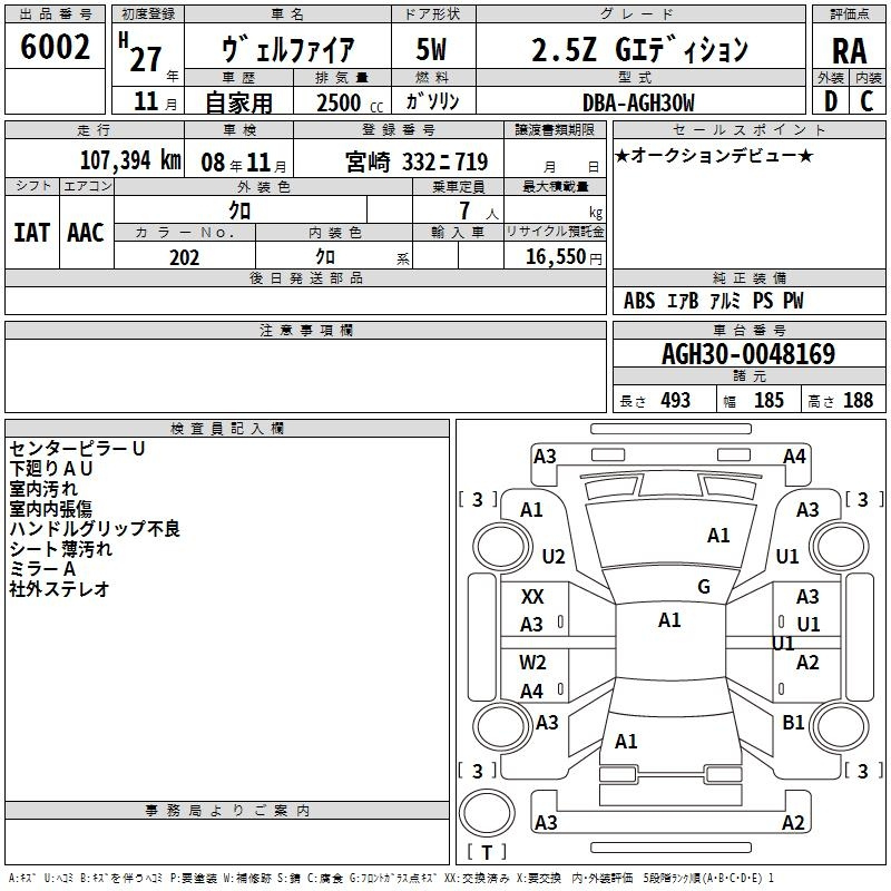 Аукционный лист TOYOTA VELLFIRE 2015