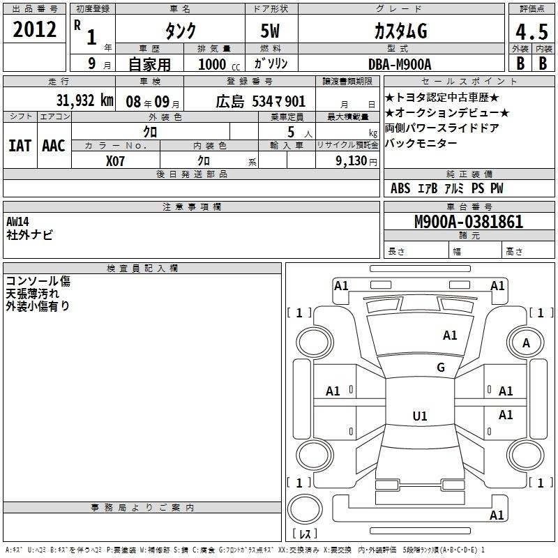 Аукционный лист TOYOTA TANK 2019