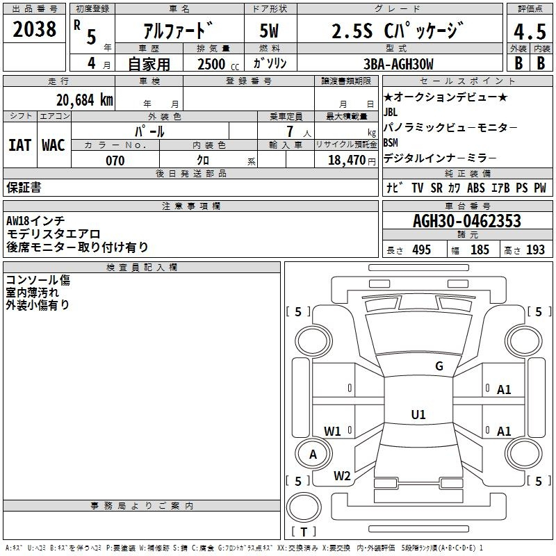 Аукционный лист TOYOTA ALPHARD 2023