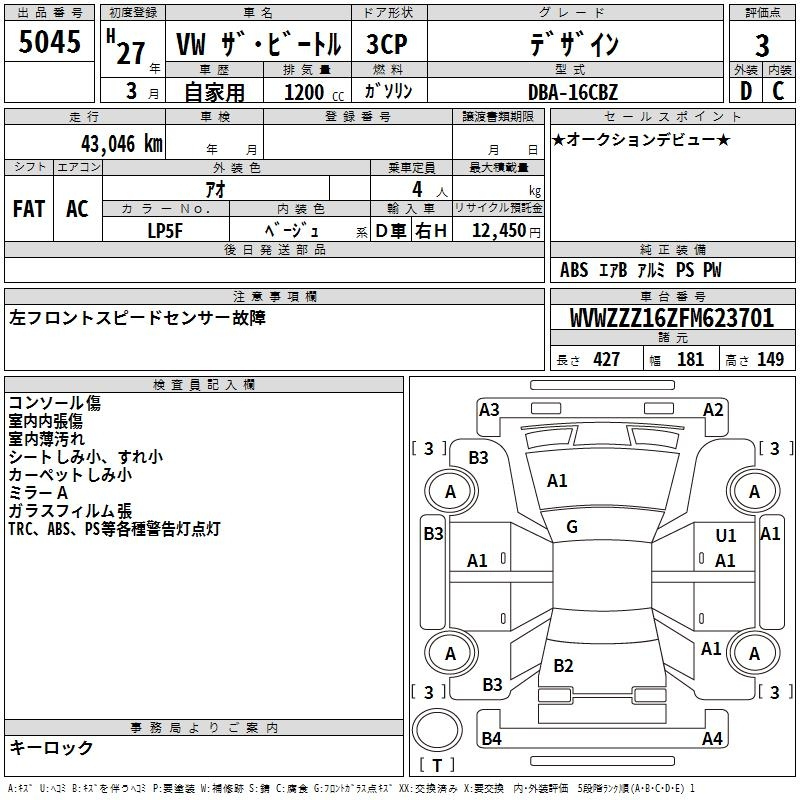 Аукционный лист VOLKSWAGEN THE BEETLE 2015