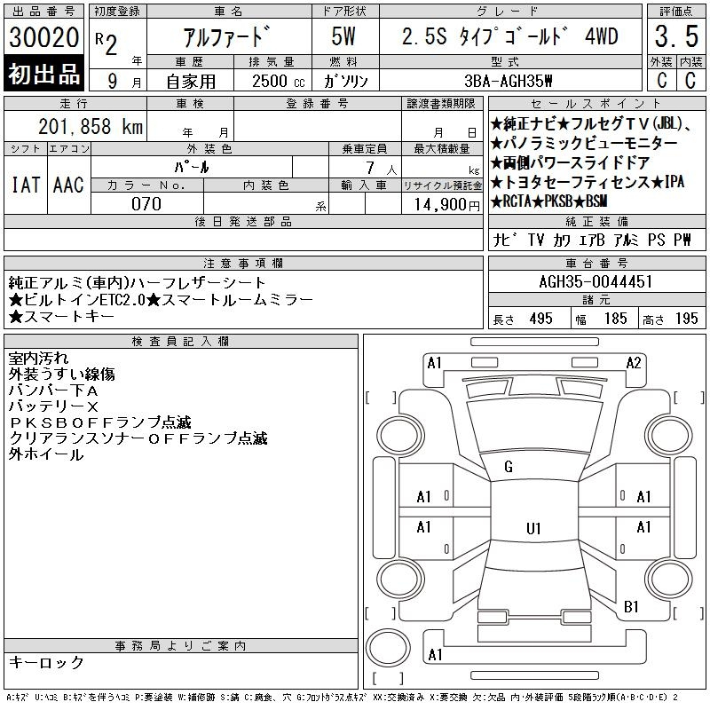 Аукционный лист TOYOTA ALPHARD 2020