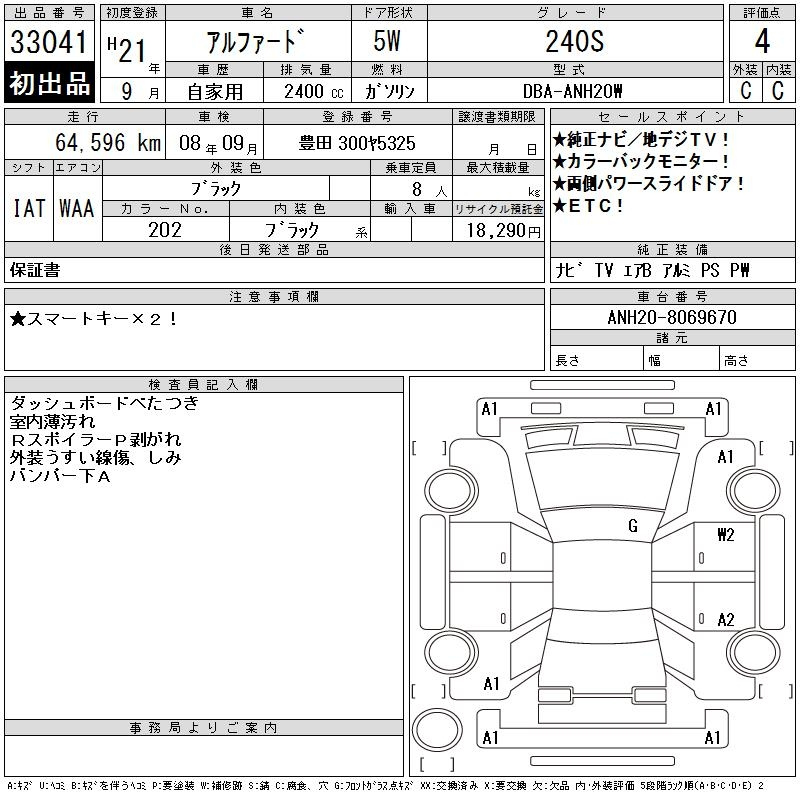 Аукционный лист TOYOTA ALPHARD 2009