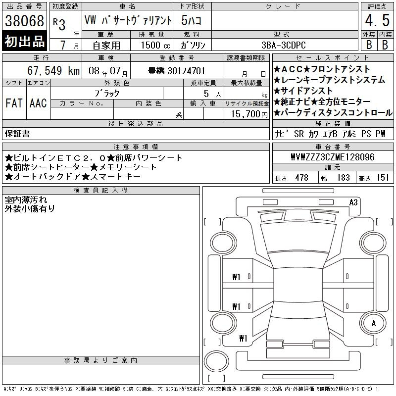 Аукционный лист VOLKSWAGEN PASSAT VARIANT 2021