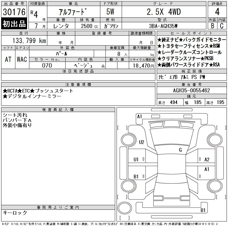 Аукционный лист TOYOTA ALPHARD 2022
