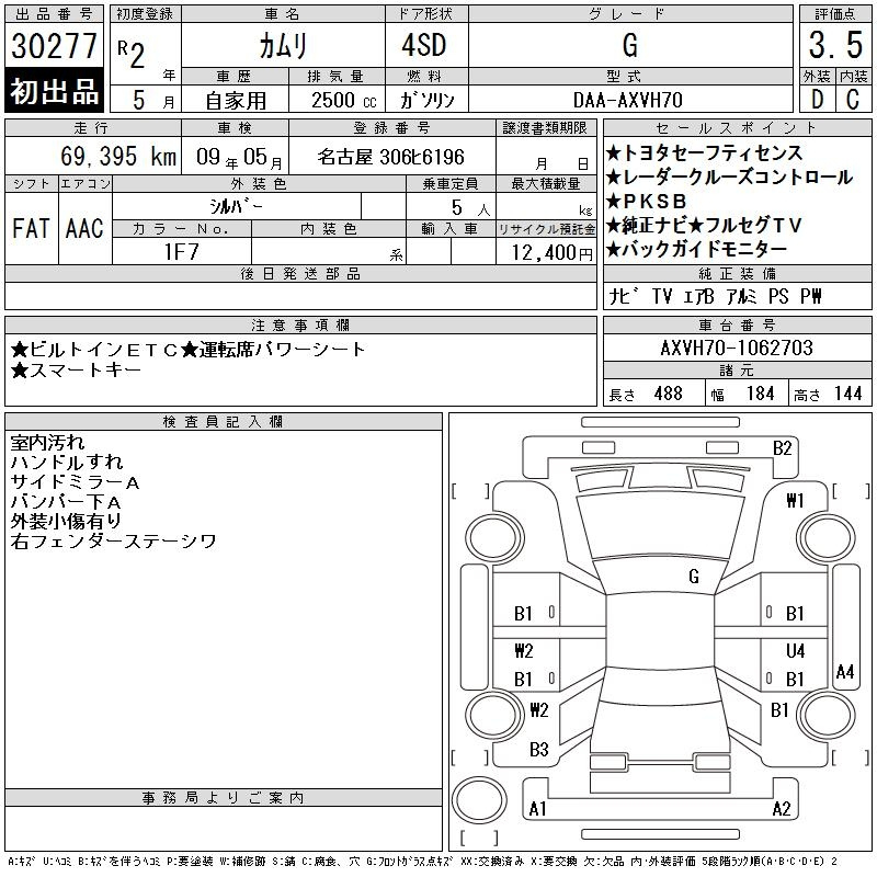 Аукционный лист TOYOTA CAMRY 2020