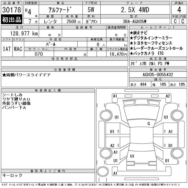 Аукционный лист TOYOTA ALPHARD 2022