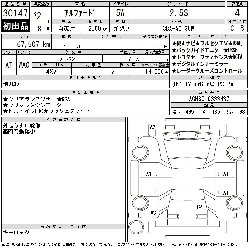 Аукционный лист TOYOTA ALPHARD 2020