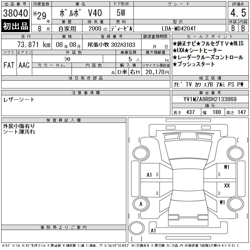 Аукционный лист VOLVO V40 2017