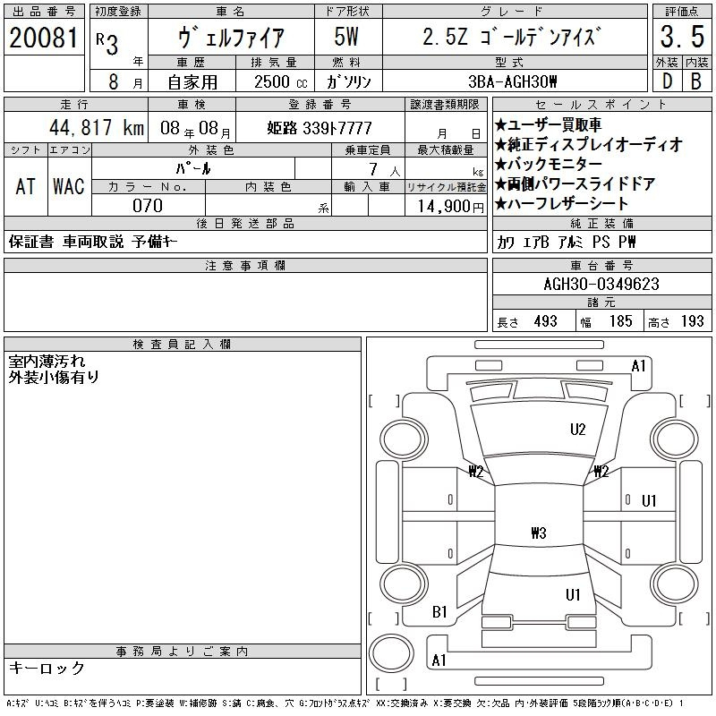 Аукционный лист TOYOTA VELLFIRE 2021