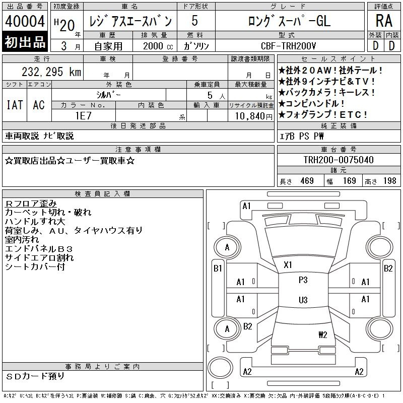 Аукционный лист TOYOTA REGIUS ACE VAN 2008