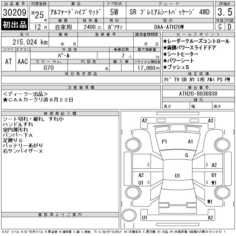 Аукционный лист TOYOTA ALPHARD 2013