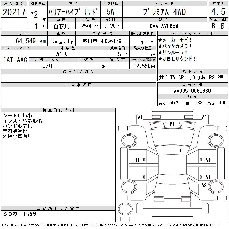 Аукционный лист TOYOTA HARRIER 2020