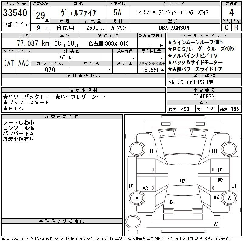 Аукционный лист TOYOTA VELLFIRE 2017