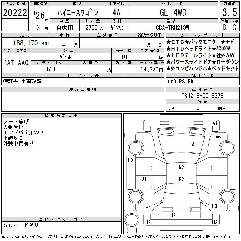 Аукционный лист TOYOTA HIACE 2014
