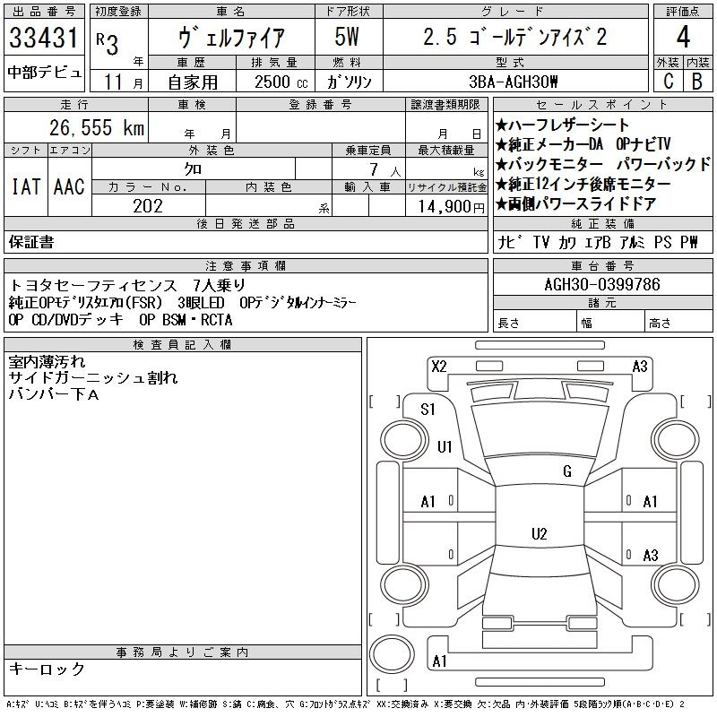 Аукционный лист TOYOTA VELLFIRE 2021