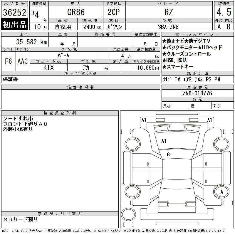 Аукционный лист TOYOTA 86 2022