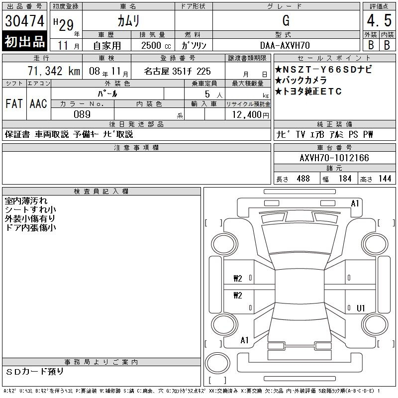 Аукционный лист TOYOTA CAMRY 2017