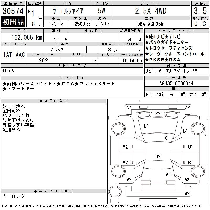 Аукционный лист TOYOTA VELLFIRE 2019
