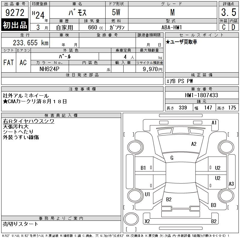 Аукционный лист HONDA VAMOS 2012